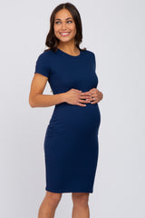 Navy Blue Ribbed Fitted Maternity Dress