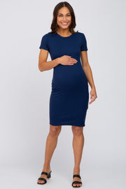 Navy Blue Ribbed Fitted Maternity Dress