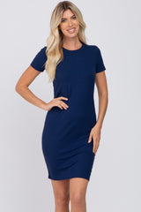 Navy Blue Ribbed Fitted Maternity Dress