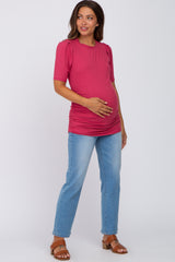 Magenta Ribbed Ruched Fitted Maternity Top