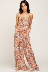 Camel Floral Sleeveless Jumpsuit