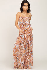 Camel Floral Sleeveless Jumpsuit