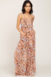 Camel Floral Sleeveless Jumpsuit