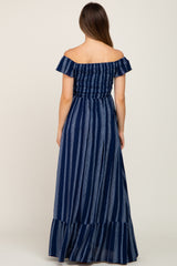 Navy Blue Striped Off Shoulder Front Tie Maternity Maxi Dress