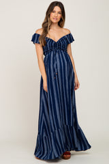 Navy Blue Striped Off Shoulder Front Tie Maternity Maxi Dress