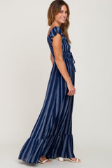 Navy Blue Striped Off Shoulder Front Tie Maxi Dress