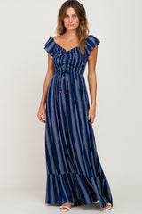 Navy Blue Striped Off Shoulder Front Tie Maxi Dress