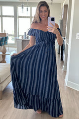 Navy Blue Striped Off Shoulder Front Tie Maxi Dress