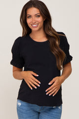 Black Smocked Puff Sleeve Maternity Blouse