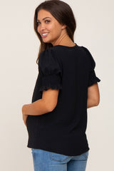 Black Smocked Puff Sleeve Maternity Blouse