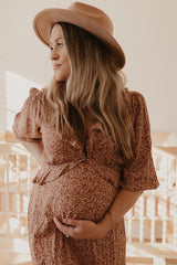 Rust Floral Ruffle V-Neck Maternity Midi Dress