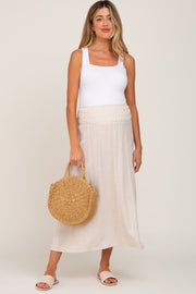 Beige Smocked Maternity Linen Maxi Skirt