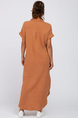 Camel Button Down Maternity Midi Dress