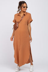 Camel Button Down Maternity Midi Dress