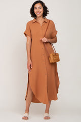 Camel Button Down Maternity Midi Dress