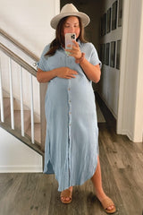 Light Blue Button Down Maternity Midi Dress