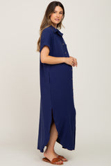 Navy Button Down Maternity Midi Dress