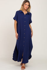 Navy Button Down Maternity Midi Dress