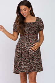 Black Floral Smocked Puff Sleeve Maternity Dress