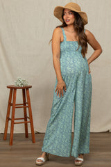 Blue Floral Smocked Square Neck Maternity Jumpsuit