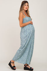 Blue Floral Smocked Square Neck Maternity Jumpsuit