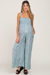 Blue Floral Smocked Square Neck Maternity Jumpsuit