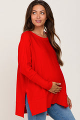 Red Dolman Sleeve Side Slit Maternity Sweater