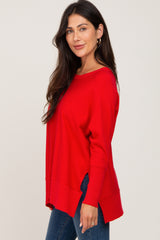 Red Dolman Sleeve Side Slit Sweater