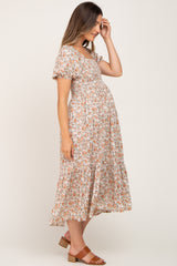 Taupe Floral Smocked Puff Sleeve Maternity Midi Dress