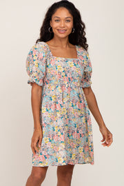 Yellow Floral Square Neck Short Puff Sleeve Dress