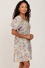 Yellow Floral Square Neck Short Puff Sleeve Dress