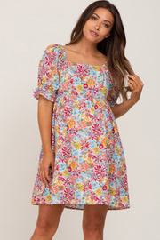 Mauve Floral Square Neck Short Puff Sleeve Maternity Dress