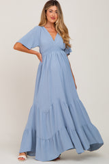 Light Blue Deep V-Neck Maternity Maxi Dress