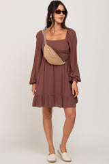 Brown Square Neck Puff Long Sleeve Dress