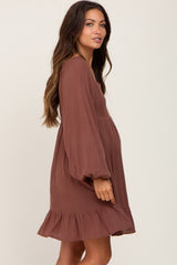 Brown Square Neck Puff Long Sleeve Maternity Dress