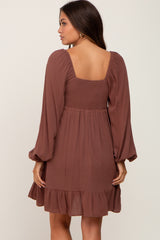 Brown Square Neck Puff Long Sleeve Maternity Dress