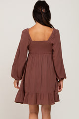 Brown Square Neck Puff Long Sleeve Dress