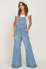 Blue Light Wash Denim Distressed Wide Leg Maternity Overalls