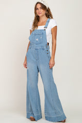 Blue Light Wash Denim Distressed Wide Leg Overalls