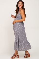 Grey Floral Sleeveless Button Front Maternity Dress