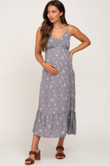 Grey Floral Sleeveless Button Front Maternity Dress