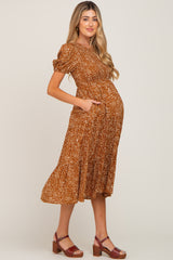 Rust Animal Print Smocked Maternity Midi Dress