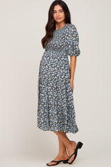 Black Floral Smocked Tiered Maternity Midi Dress