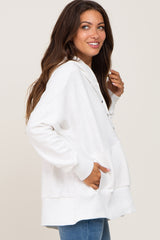 White Button Front Ribbed Trim Hooded Maternity Sweatshirt