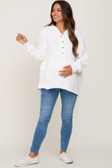 White Button Front Ribbed Trim Hooded Maternity Sweatshirt