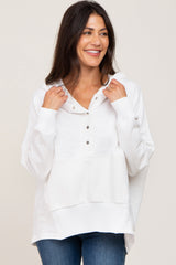 White Button Front Ribbed Trim Hooded Maternity Sweatshirt