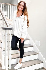 White Button Front Ribbed Trim Hooded Sweatshirt