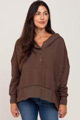 Brown Button Front Ribbed Trim Hooded Maternity Sweatshirt