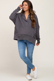 Charcoal Button Front Ribbed Trim Hooded Maternity Sweatshirt