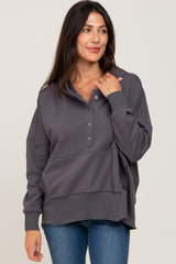 Charcoal Button Front Ribbed Trim Hooded Maternity Sweatshirt